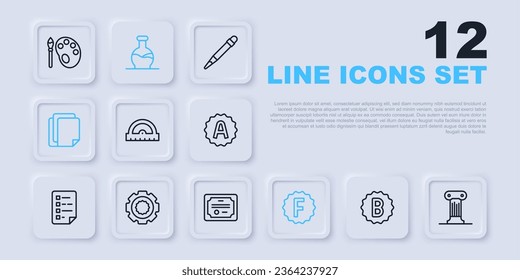 Set line Exam paper with incorrect answers, Law pillar, Protractor grid, File document, Gear, Test tube and Certificate template icon. Vector