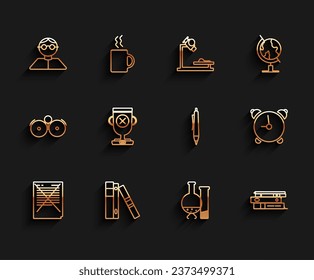 Set line Exam paper with incorrect answers survey, Office folders papers and documents, Student, Test tube flask chemical laboratory test, Award cup, Alarm clock and Pen icon. Vector
