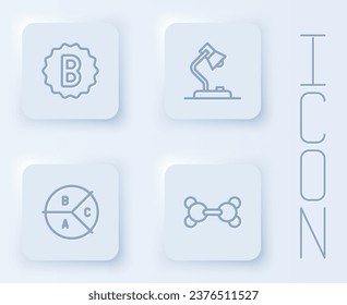 Set line Exam paper with incorrect answers, Table lamp, Pie chart infographic and Molecule. White square button. Vector