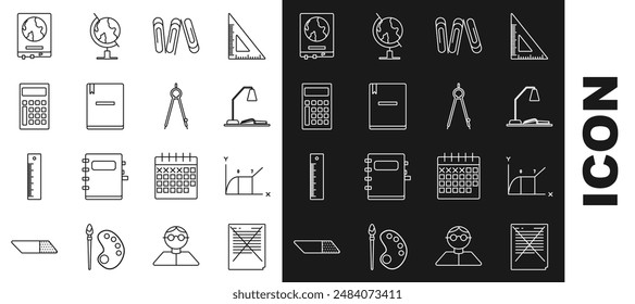 Set line Exam paper with incorrect answers survey, Workplace table lamp and open book, Paper clip, Notebook, Calculator, World map on school blackboard and Drawing compass icon. Vector