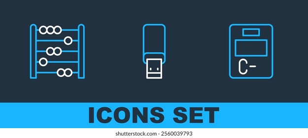 Set line Exam paper with incorrect answers, Abacus and USB flash drive icon. Vector