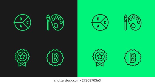 Definir linha Papel de exame com respostas incorretas, estrela de Medalha, gráfico de Pizza infográfico e Pintar pincel paleta ícone. Vetor