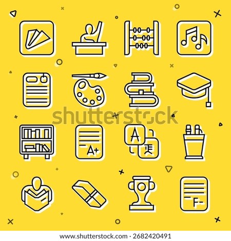 Set line Exam paper with incorrect answers, Pencil case stationery, Graduation cap, Abacus, Paint brush palette, Dossier folder, Paper airplane and Book icon. Vector
