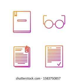 Set line Exam sheet with check mark, File document and paper clip, Notebook and Glasses. Gradient color icons. Vector