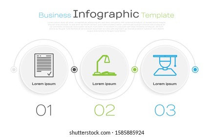 Set line Exam sheet with check mark, Workplace with table lamp and open book and Graduate and graduation cap. Business infographic template. Vector