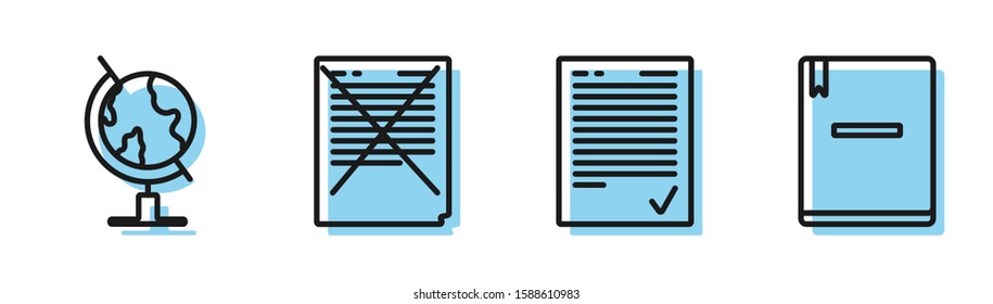 Set line Exam sheet with check mark, Earth globe, Exam paper with incorrect answers survey and Notebook icon. Vector