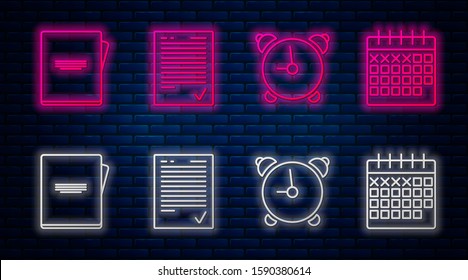 Set line Exam sheet with check mark, Alarm clock, Notebook and Calendar. Glowing neon icon on brick wall. Vector