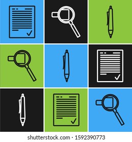 Set line Exam sheet with check mark, Pen and Magnifying glass icon. Vector