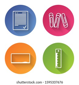Set line Exam sheet with check mark, Paper clip, Chalkboard and Ruler. Color circle button. Vector