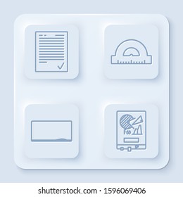 Set line Exam sheet with check mark, Protractor grid for measuring degrees, Chalkboard and Board with graph chart. White square button. Vector