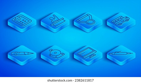 Set line Exam sheet with check mark, Male kid raising hand, Medal, Ringing alarm bell, Computer monitor, School Bus, Pencil eraser and  icon. Vector