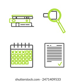Set line Exam sheet with check mark, Calendar, Magnifying glass and Office folders papers and documents icon. Vector