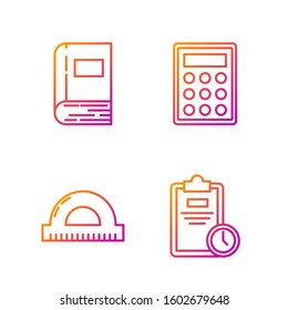 Set line Exam sheet with clock, Protractor grid for measuring degrees, Book and Calculator. Gradient color icons. Vector