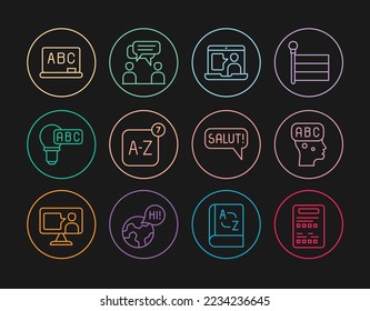 Set line Exam sheet, Learning foreign languages, Foreign online study, Online translator, Creative lamp light idea, Chalkboard, Salut different and Two sitting men talking icon. Vector
