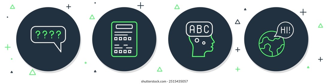 Set line Exam sheet, Learning foreign languages, Speech bubbles with Question and  icon. Vector