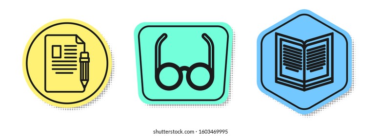 Set line Exam sheet and pencil with eraser, Glasses and Open book. Colored shapes. Vector