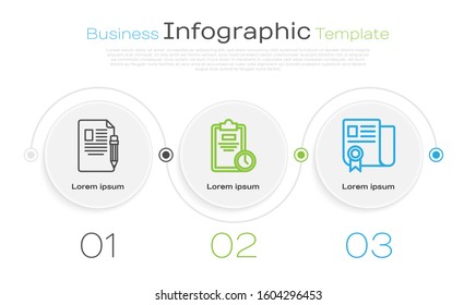 Set line Exam sheet and pencil with eraser, Exam sheet with clock and Certificate template. Business infographic template. Vector