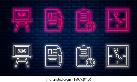 Set line Exam sheet and pencil with eraser, Exam sheet with clock, Chalkboard and Clock. Glowing neon icon on brick wall. Vector