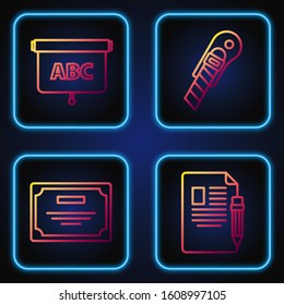 Set line Exam sheet and pencil with eraser, Certificate template, Chalkboard and Stationery knife. Gradient color icons. Vector