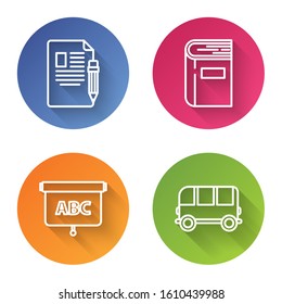 Set line Exam sheet and pencil with eraser, Book, Chalkboard and School Bus. Color circle button. Vector