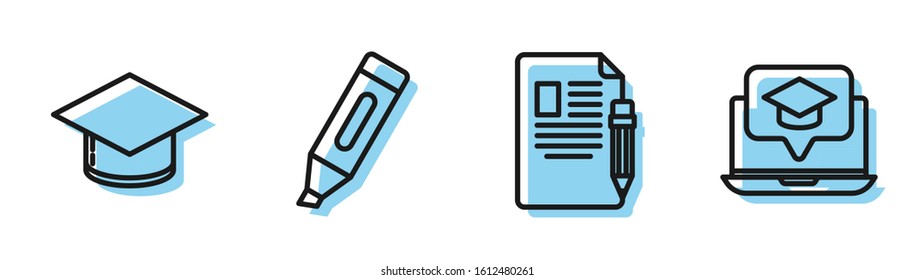 Set line Exam sheet and pencil with eraser, Graduation cap, Marker pen and Graduation cap on screen laptop icon. Vector