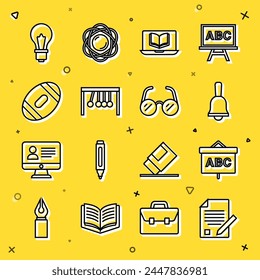 Set line Exam sheet and pencil, Chalkboard, Ringing bell, Online class, Pendulum, American Football ball, Light bulb with idea and Glasses icon. Vector svg