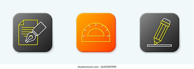 Set line Exam sheet and pencil, Protractor grid and Pencil with eraser icon. Vector