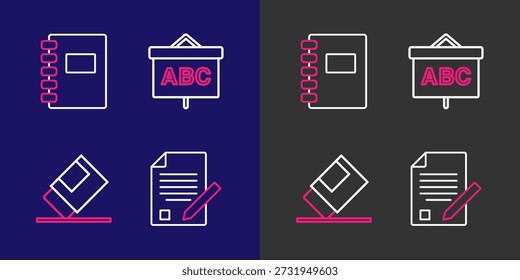 Linie festlegen Prüfungsblatt und Bleistift, Radiergummi oder Gummi, Chalkboard und Spiral Notizbuchsymbol. Vektorgrafik