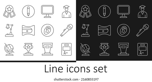 Set Line Exam Sheet With A Plus Grade, Microphone, Computer Monitor, Pencil Sharpener, Table Lamp, Medal Star, Ear Listen Sound Signal And  Icon. Vector