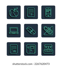 Set line Exam sheet with A plus grade, School classroom, building, Smartphone, Eraser or rubber, Laptop, Apple and Paper clip icon. Vector