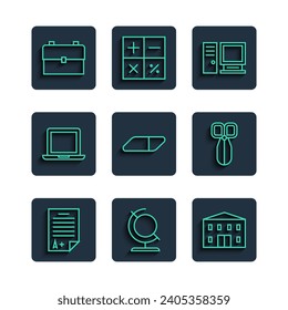 Set line Exam sheet with A plus grade, Earth globe, School building, Computer monitor, Eraser rubber, Laptop, backpack and Scissors icon. Vector