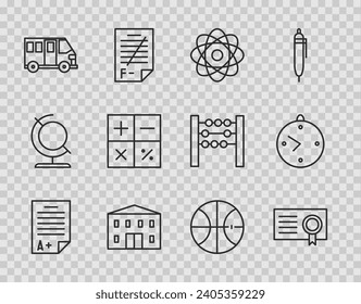 Set line Exam sheet with A plus grade, Certificate template, Atom, School building, Bus, Calculator, Basketball ball and Clock icon. Vector