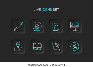 Set line Exam sheet with A plus grade, Trigonometric circle, Glasses, Teacher, Online class, Clipboard checklist, CD or DVD disk and Pencil eraser icon. Vector