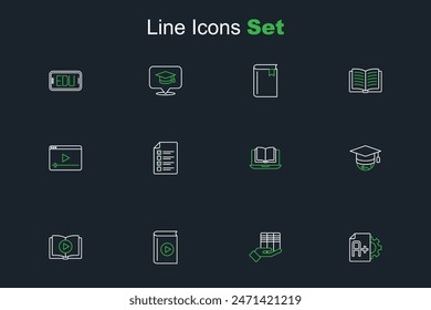 Set line Exam sheet with A plus grade, Book donation, Audio book, Graduation cap globe, Online class, quiz, test, survey and play video icon. Vector