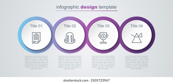 Set line Exam sheet with A plus grade, School backpack, Award cup and Light rays in prism. Business infographic template. Vector