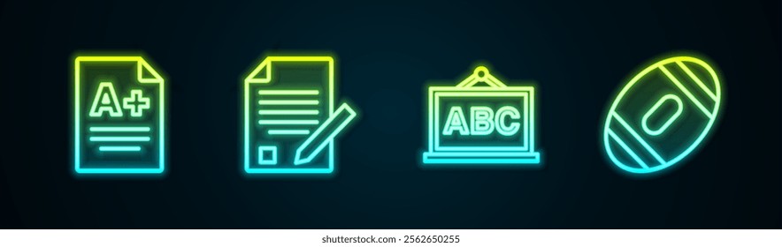 Set line Exam sheet with A plus grade, and pencil, Chalkboard and American Football ball. Glowing neon icon. Vector