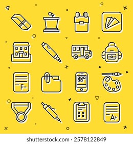 Set line Exam sheet with A plus grade, Paint brush palette, School backpack, Marker pen, building, Eraser or rubber and Bus icon. Vector