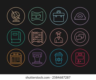 Set line Exam sheet with A plus grade, Speech bubble chat, Briefcase, Abacus, Book, Earth globe, Graduate and graduation cap and Pencil sharpener icon. Vector