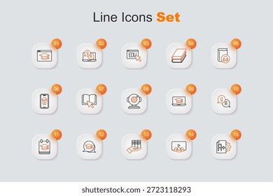 Set line Exam sheet with A plus grade, Online class, Book donation, Graduation cap speech bubble, education, Question and Answer, laptop and Web camera icon. Vector