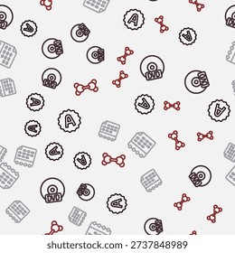 Set line Exam sheet with A plus grade, CD or DVD disk, School timetable and Molecule on seamless pattern. Vector