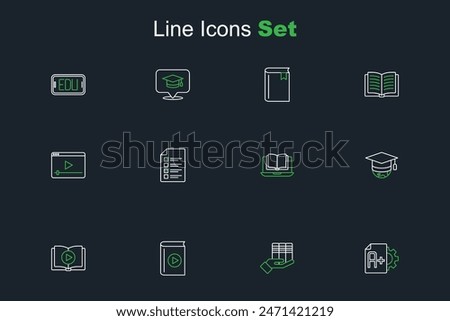 Set line Exam sheet with A plus grade, Book donation, Audio book, Graduation cap globe, Online class, quiz, test, survey and play video icon. Vector