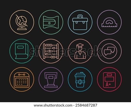 Set line Exam sheet with A plus grade, Speech bubble chat, Briefcase, Abacus, Book, Earth globe, Graduate and graduation cap and Pencil sharpener icon. Vector