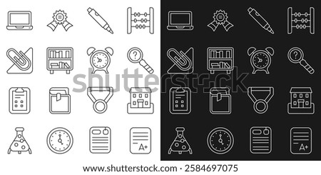 Set line Exam sheet with A plus grade, School building, Unknown search, Marker pen, Shelf books, Paper clip, Laptop and Alarm clock icon. Vector