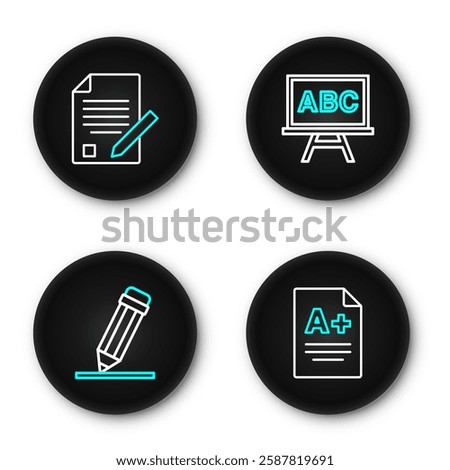 Set line Exam sheet with A plus grade, Pencil eraser, Chalkboard and and pencil icon. Vector