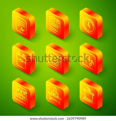Set line Exam sheet with A plus grade, Dossier folder, Clock, School backpack, Calculator, Music note, tone, building and Schoolboy sitting desk icon. Vector