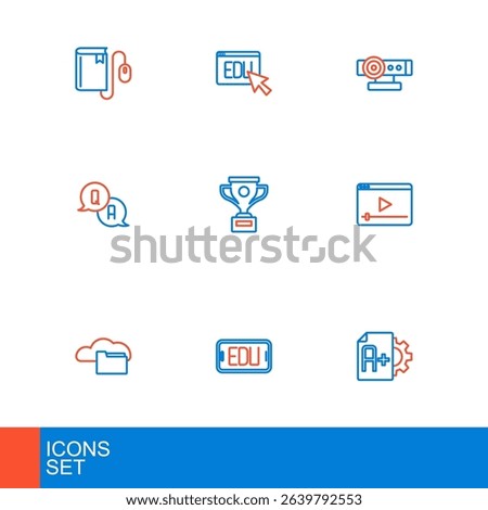 Set line Exam sheet with A plus grade, Online education, Cloud or online library, play video, Question and Answer, Award cup, Web camera and  icon. Vector