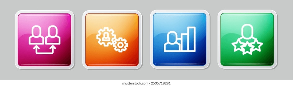 Set line Exchange work, Human with gear, Productive human and . Colorful square button. Vector