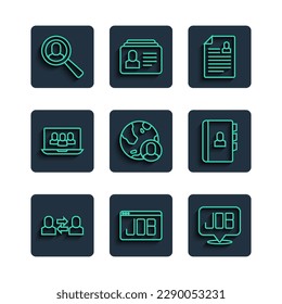 Set line Exchange work, Search job, Resume, Globe and people, Project team base, Magnifying glass for search and  icon. Vector