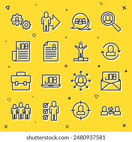 Set line Exchange Arbeit, Suchen Job, Projektteambasis, Lebenslauf, Mensch mit Ausrüstung und Produktives menschliches Symbol. Vektorgrafik