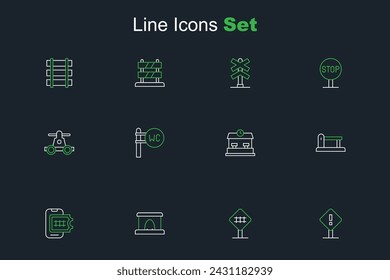 Set line Exclamation mark in square, Railroad crossing, Railway tunnel, Online ticket booking, Railway, railroad track, station, Toilet and Handcar transportation icon. Vector